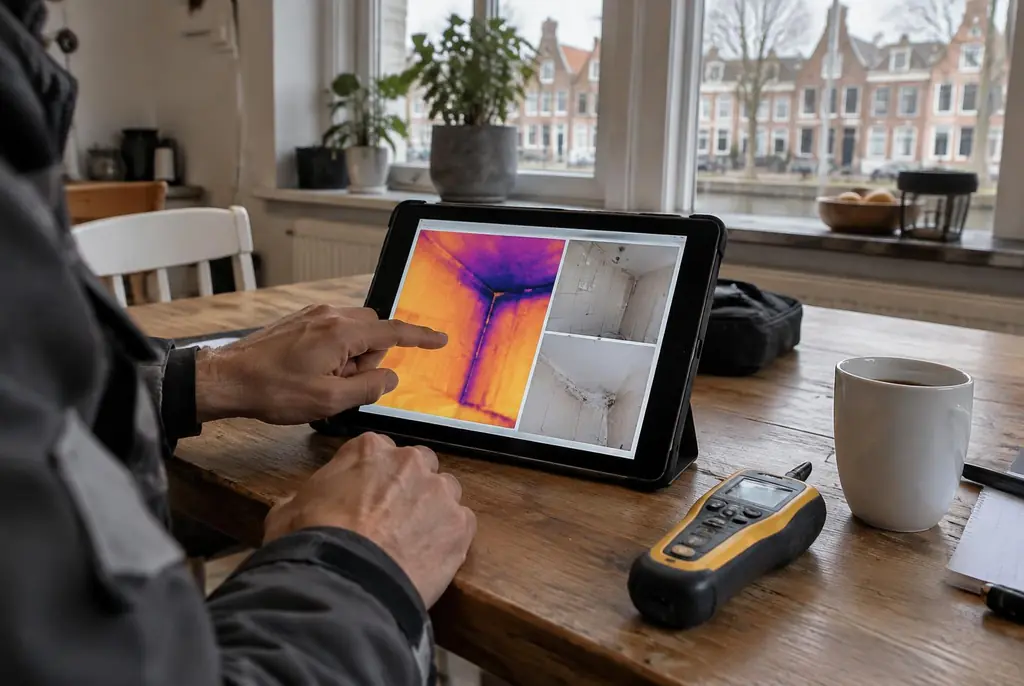 Lekdetectie Nijkerk – lekdetectierapport met warmtebeelden en foto's op een tablet
