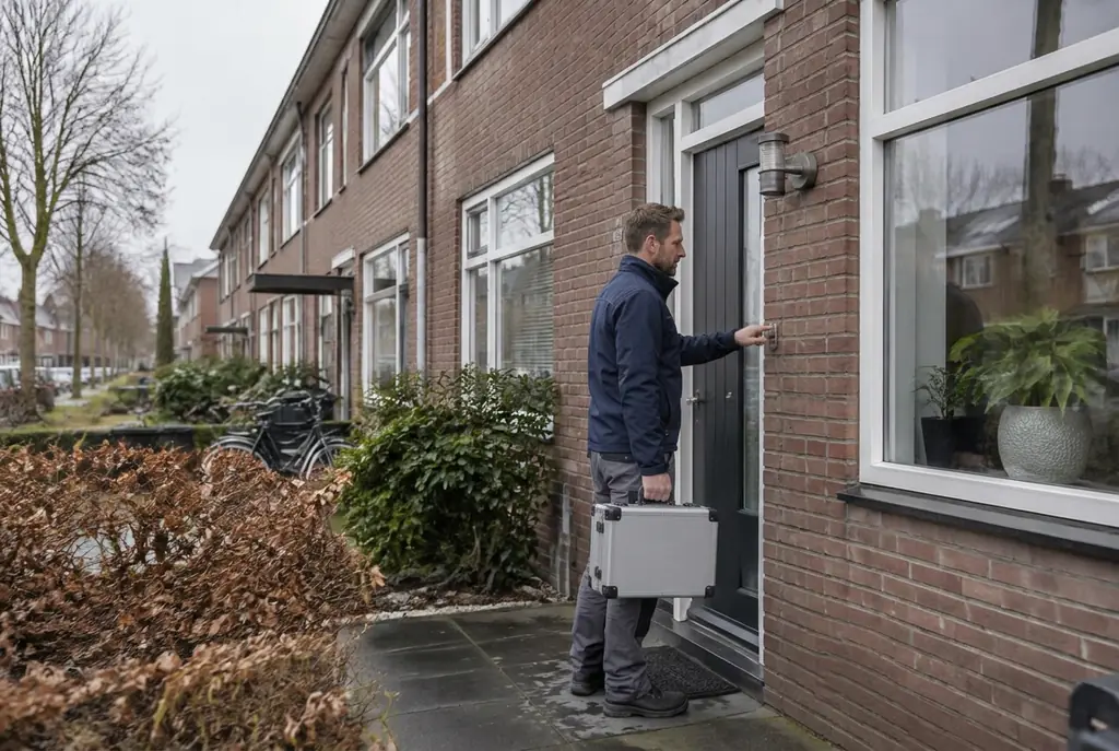 Lekdetectiespecialist met meetkoffer bij de voordeur van een woning in Nijkerk